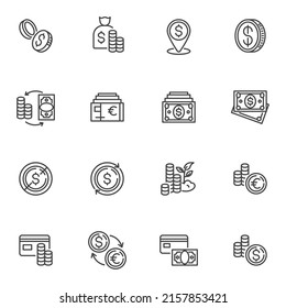 Finance, money line icons set, outline vector symbol collection, linear style pictogram pack. Signs, logo illustration. Set includes icons as dollar currency, coin stack, credit card, money exchange