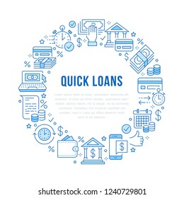 Finance, money loan circle template flat line icons. Quick credit approval, currency transaction, no commission, cash deposit atm vector brochure illustration. Thin blue signs for banking poster.
