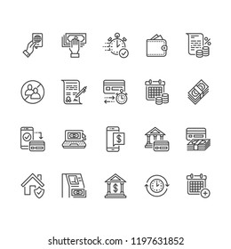 Finance, money loan flat line icons set. Quick credit approval, currency transaction, no commission, cash deposit atm vector illustrations. Thin signs for banking. Pixel perfect 64x64 Editable Strokes