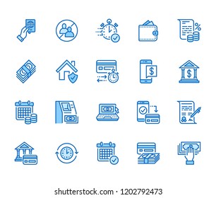 Finance, Money Loan Flat Line Icons Set. Quick Credit Approval, Currency Transaction, No Commission, Cash Deposit Atm Vector Illustrations. Thin Signs For Banking. Pixel Perfect 64x64 Editable Strokes