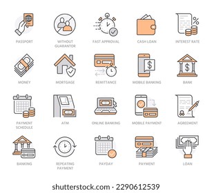 Finance, money loan flat line icons set. Quick credit approval, currency transaction, no commission, cash deposit atm vector illustrations. Thin signs for banking. Orange color. Editable Stroke