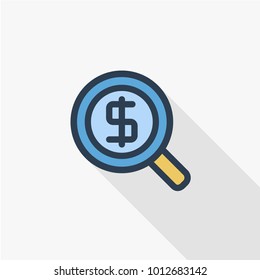 finance and money, magnifying glass with dollar symbol, bank investment search thin line flat icon. Linear vector illustration. Pictogram isolated on white background. Colorful long shadow design