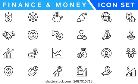 finance and money outline line black icons set