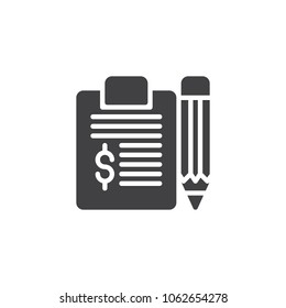 Finance money page and pen vector icon. filled flat sign for mobile concept and web design. Banking document dollar simple solid icon. Symbol, logo illustration. Pixel perfect vector graphics