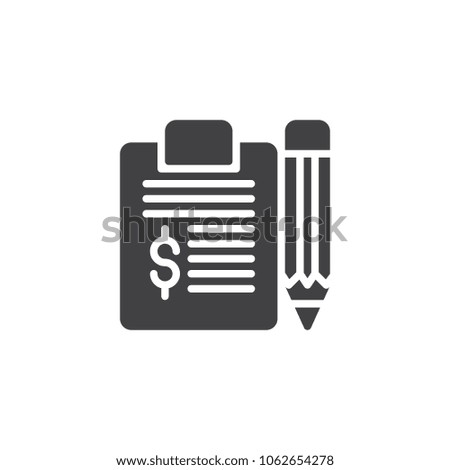 Finance money page and pen vector icon. filled flat sign for mobile concept and web design. Banking document dollar simple solid icon. Symbol, logo illustration. Pixel perfect vector graphics