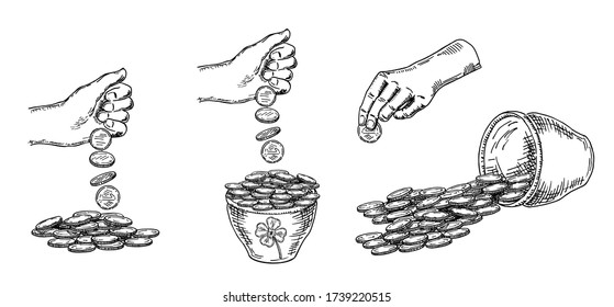 Finance, a lot of money. Pile of coins, money in a pot hand drawn sketch collection, on white background. Black and white vector illustration.
