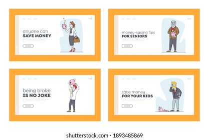 Finance Money Problems Landing Page Template Set. Business Characters Hit Piggy Bank with Hammer to Take Coins from Moneybox. Financial Savings, Investment, Covid Crisis. Linear Vector Illustration