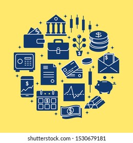 Finance and money round concept in flat style. Banking and investment activities symbols. Financial banner template. Vector illustration.