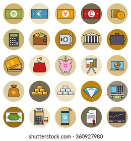 Finance and money round icon vector set. Collection of financial business and banking related symbols in circles