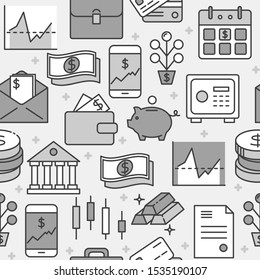 Finance and money seamless pattern in line style. Repeatable background with banking and investment symbols. Vector illustration.