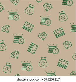 Finance and money seamless pattern, vector background with money bag, coins, banknotes and diamond