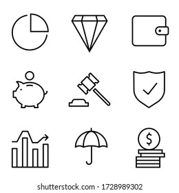 Finance and Money set icons. Thin line Icons Set consisting of Chart, Diamond, Wallet, Piggy bank, Court, Finance Protection, Growth arrow, Umbrella, Money coins. Line Money icon. Finance, Money icons