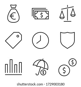 Finance and Money set icons. Thin line Icons Set consisting of Bag money, Euro, Cash Money, Dollar, Price tag, Clock, Time, Protection, Finance Charts, Umbrella, Coins. Line icon. Finance, Money icons