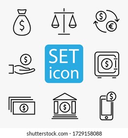 Finanz und Geld setzen Symbole. Thin Line Icons Set bestehend aus Geldbeutel, Dollar, Skala, Devisenwechsel, Kredit, Finanzen, Gold, Safe, Bargeld, Bank, Mobile App, Banking. Finanzen, Finanzen