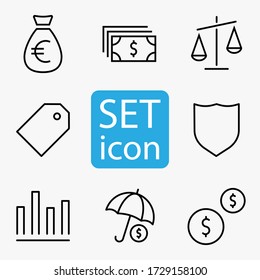 Finance and Money set icons. Thin line Icons Set consisting of Bag money, Euro, Cash Money, Dollar, Price tag, Clock, Time, Protection, Finance Charts, Umbrella, Coins. Line icon. Finance, Money icons