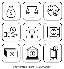 Finance and Money set icons. Thin line Icons Set consisting of Money Bag, Dollar, Scales, Currency Exchange, Credit, Finance, Gold, Safe, Cash Money, Bank, Mobile App, Banking. Finance, Money icons