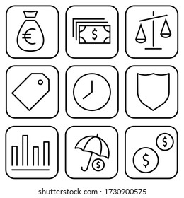 Finance and Money set icons. Thin line Icons Set consisting of Bag money, Euro, Cash Money, Dollar, Price tag, Clock, Time, Protection, Finance Charts, Umbrella, Coins. Line icon. Finance, Money icons