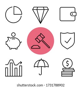 Finanz und Geld setzen Symbole. Die dünnen Linien Icons Set bestehend aus Diagramm, Diamant, Brieftasche, Piggy Bank, Court, Finance Protection, Growth Pfeil, Umbrella, Money Münzen. Line Money Symbol Finanzen, Finanzen