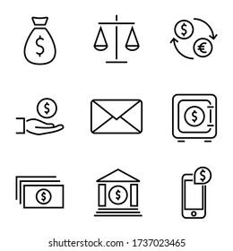 Iconos del juego de Finanzas y Dinero. Juego de iconos de línea delgada que consiste en Bolsa de Dinero, Dólar, Escalas, Cambio de Divisas, Crédito, Finanzas, Oro, Caja Fuerte, Dinero en Efectivo, Banco, Aplicación Móvil, Banca. Iconos de finanzas y dinero