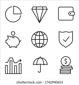 Finance and Money set icons. Thin line Icons Set consisting of Chart, Diamond, Wallet, Piggy bank, Court, Finance Protection, Growth arrow, Umbrella, Money coins. Line Money icon. Finance, Money icons