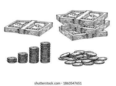 Finance, money set. Line black ink hand drawn old gold. Sketch of stack of coins, paper money, coins in different positions. Black and white hand drawn vector illustration.