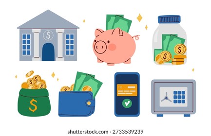 Finance, money set. Mobile , stack of coins, sack of dollars, paper money, wallet, piggy bank. Hand drawn collection isolated on white background. Vector illustration., design for banks, pawn shops.