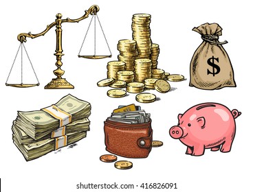 Finance, money set. Scales, stack of coins, sack of dollars, paper money, wallet, piggy bank. Hand drawn collection isolated on white background. Vector illustration., design for banks,  pawn shops.