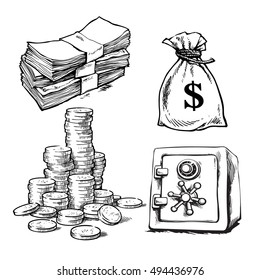 Finance, money set. Sketch of paper money, stack of coins, sack of dollars, bank safe.Black and white hand drawn collection isolated on white background. Vector illustration.
