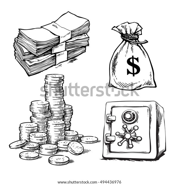 金融 お金セット 白い背景に紙幣のスケッチ 硬貨の山 ドルの袋 銀行金庫 白黒の手描きのコレクション ベクターイラスト のベクター画像素材 ロイヤリティフリー