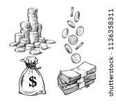 Finance, money set. Sketch of stack of coins, paper money, sack of dollars falling coins in different positions. Black and white hand drawn vector illustration.