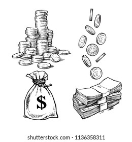 Finance, money set. Sketch of stack of coins, paper money, sack of dollars falling coins in different positions. Black and white hand drawn vector illustration.
