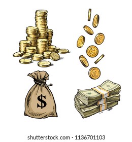 Finance, money set. Sketch of stack of coins, paper money,  sack of dollars falling gold coins in different positions. Hand drawn collection isolated on white background. Vector illustration.