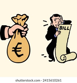Finance, money set. Sketch of stack of coins, paper money, sack of dollars falling coins in different positions. Black and white hand drawn vector illustration.
