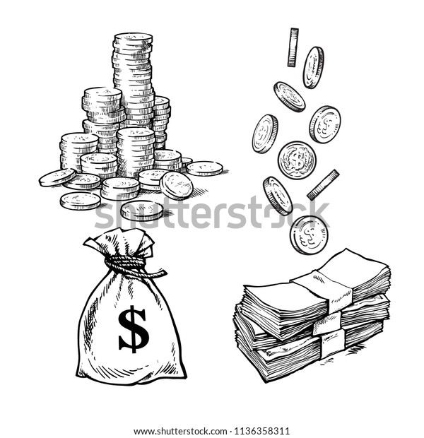 金融 お金セット コインの山 紙幣 ドルの袋が別々の位置に落ちていく様子 白黒の手描きのベクターイラスト のベクター画像素材 ロイヤリティフリー