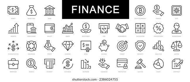 Los iconos de la línea delgada de Finanzas y Dinero están configurados. Iconos de trazo editables de finanzas. Icono Dinero, Finanzas, Pago, Negocios, Cambio, Beneficio, Inversión, Tarjeta, Banco. Vector