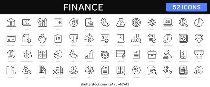 Finance and Money thin line icons set. Finance editable stroke icons. Money, Finance, Payment, Business, Profit, Investment, Bank, Growth icon. Vector