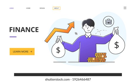 Finance, Money and Wealth concept with businessman holding up bags dollars and gold coins against an ascending graph, colored vector illustration . Web page, website template, landing page layout