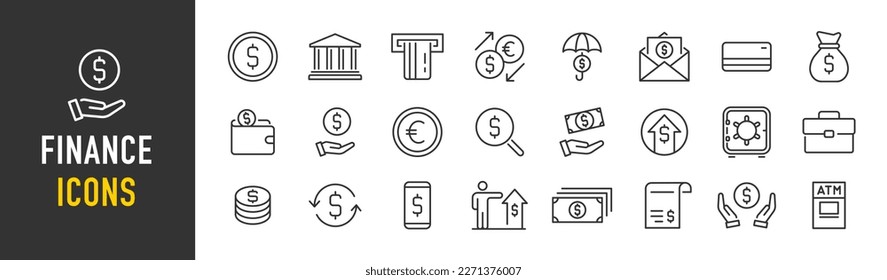 Finance and Money web icon in line style. Money, bank, profit, finance capital, payment, auction, exchance, wallet, deposit infographic. Icon collection. Vector illustration.