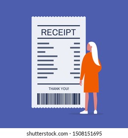 Finance. Money. Young female character looking at the paper receipt. Customer at the supermarket or restaurant. Invoice. Flat editable vector illustration, clip art