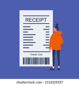 Finance. Money. Young female character looking at the paper receipt. Customer at the supermarket or restaurant. Invoice. Flat editable vector illustration, clip art