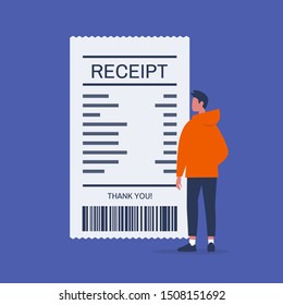 Finance. Money. Young male character looking at the paper receipt. Customer at the supermarket or restaurant. Invoice. Flat editable vector illustration, clip art