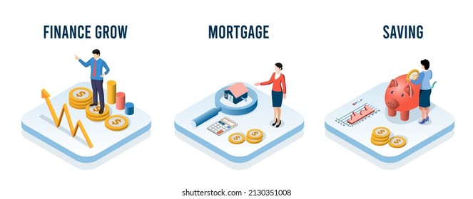 Finance Mortgage and Saving concept. Business grow and management financial investments, Money saving for everything, Real estate or property investment mortgage business. Vector cartoon illustration