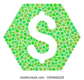 Finance mosaic of filled circles in variable sizes and green color hues. Vector circle elements are combined into finance illustration. Fresh design concept.