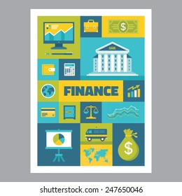 Finance - mosaic poster in flat style. Icons set. Economic creative illustrations. Design elements.