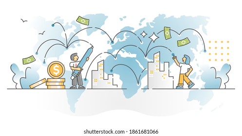 Finance network with global money transfer around world scene outline concept. Economical partnership connection with company branches and payment flow vector illustration. Investment direction graph.