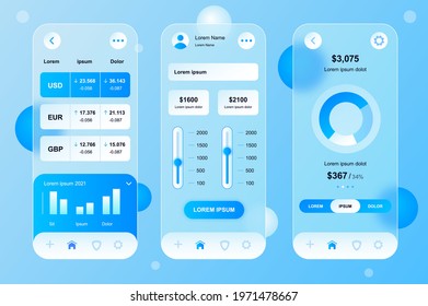 Finance neumorphic elements kit for mobile app. Online banking, currencies, statistics graphs, money in account. UI, UX, GUI screens set. Vector illustration of templates in glassmorphic design