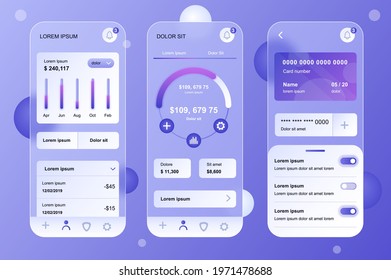 Finance neumorphic elements kit for mobile app. Online banking, accounting, financial statistics graph, credit cards. UI, UX, GUI screens set. Vector illustration of templates in glassmorphic design