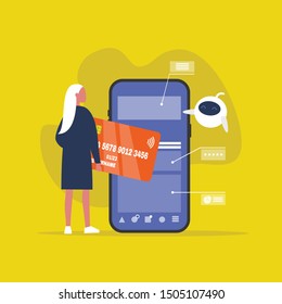 Finance and new technology. Cute white robot demonstrating the interface of online banking application. Millennial lifestyle. Mobile wireless payment system. Flat editable vector illustration