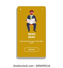 Finance News Read Businessman In Newspaper Vector. Financial Or World News Read Business Man In Paper Publication. Character Guy Reading Article Information Flat Cartoon Illustration