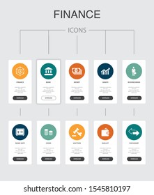 Finance nfographic 10 steps UI design.Bank, Money, Graph, Exchange simple icons